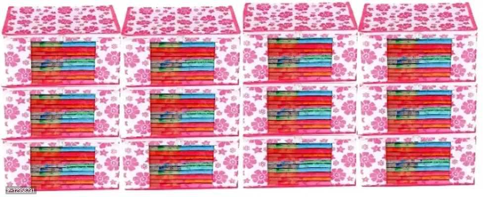 CLASSECRAFTS Saree Cover Designer Flower Design 12 Pieces Non Woven Fabric Saree Cover Set with Transparent Window (Pink)