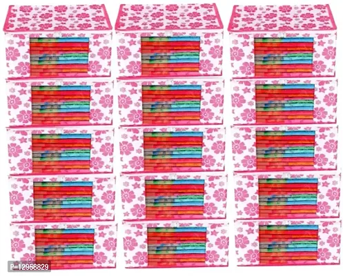 CLASSECRAFTS Saree Cover Designer Flower Design 15 Pieces Non Woven Fabric Saree Cover Set with Transparent Window (Pink)