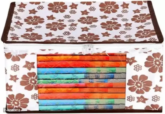 CLASSECRAFTS Saree Cover Designer Flower Design 1 Pieces Non Woven Fabric Saree Cover Set with Transparent Window (Brown)