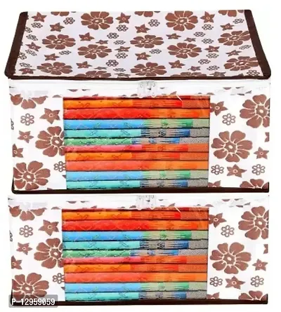CLASSECRAFTS Saree Cover Designer Flower Design 2 Pieces Non Woven Fabric Saree Cover Set with Transparent Window (Brown)