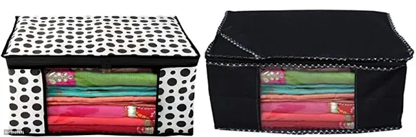 CLASSECRAFTS Combo Saree Cover Designer Non Woven Polka Dotted and Dotted 2 Pieces Non Woven Fabric Saree Cover Set with Transparent Window (Black)