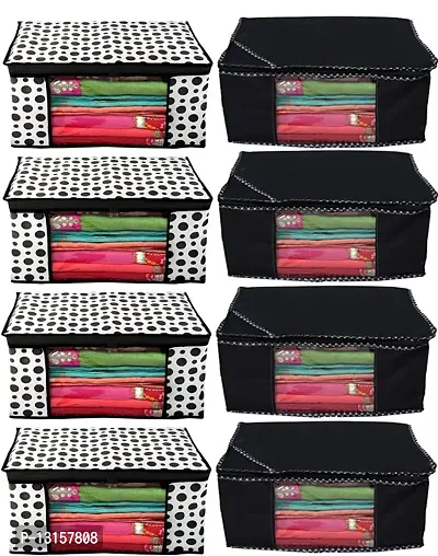 CLASSECRAFTS Combo Saree Cover Designer Non Woven Polka Dotted and Dotted 8 Pieces Non Woven Fabric Saree Cover Set with Transparent Window (Black)-thumb0