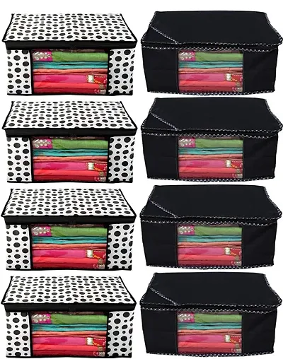 CLASSECRAFTS Combo Saree Cover Designer Non Woven Polka Dotted and Dotted Pieces Non Woven Fabric Saree Cover Set with Window (Black)