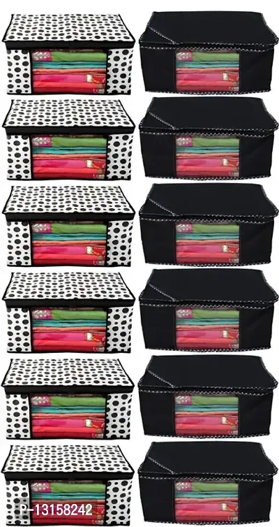 CLASSECRAFTS Combo Saree Cover Designer Non Woven Polka Dotted and Dotted 12 Pieces Non Woven Fabric Saree Cover Set with Transparent Window (Black)-thumb0