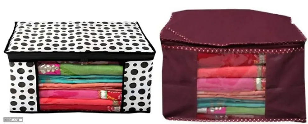 CLASSECRAFTS Combo Saree Cover Designer Polka Dotted and Dotted 2 Pieces Non Woven Fabric Saree Cover Set with Transparent Window (Black,Maroon)