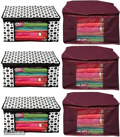 CLASSECRAFTS Combo Saree Cover Designer Polka Dotted and Dotted 6 Pieces Non Woven Fabric Saree Cover Set with Transparent Window (Black,Maroon)-thumb0