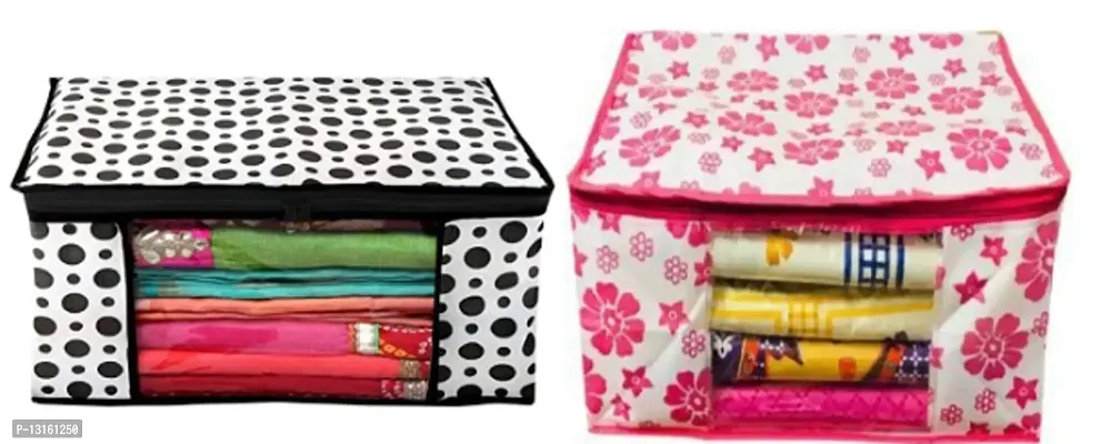 CLASSECRAFTS Combo Saree Cover Flower and Polka Dotted 2 Pieces Non Woven Fabric Saree Cover Set with Transparent Window (Pink,Black)-thumb0