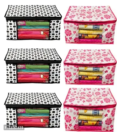 CLASSECRAFTS Combo Saree Cover Flower and Polka Dotted 6 Pieces Non Woven Fabric Saree Cover Set with Transparent Window (Pink,Black)