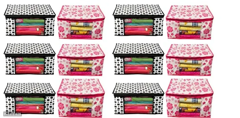 CLASSECRAFTS Combo Saree Cover Flower and Polka Dotted 12 Pieces Non Woven Fabric Saree Cover Set with Transparent Window (Pink,Black)