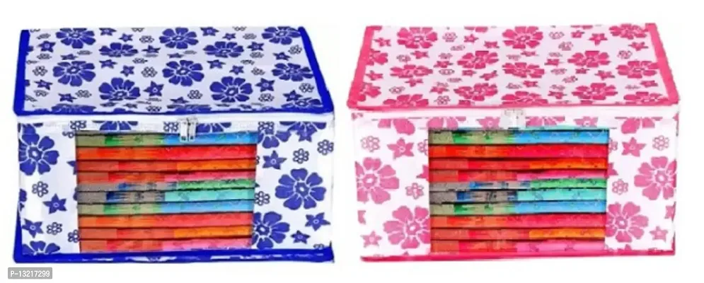 CLASSECRAFTS Combo Saree Cover Designer Flower Design 2 Pieces Non Woven Fabric Saree Cover Set with Transparent Window (Blue, Pink)