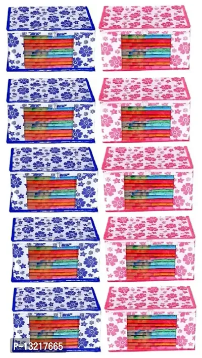 CLASSECRAFTS Combo Saree Cover Designer Flower Design 10 Pieces Non Woven Fabric Saree Cover Set with Transparent Window (Blue, Pink)-thumb0