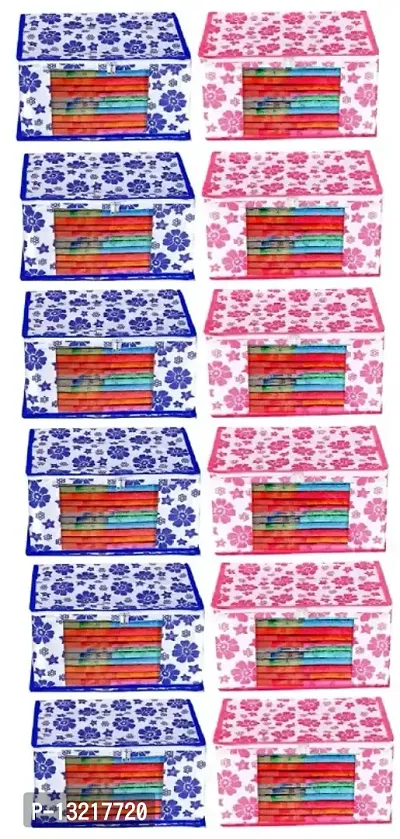CLASSECRAFTS Combo Saree Cover Designer Flower Design 12 Pieces Non Woven Fabric Saree Cover Set with Transparent Window (Blue, Pink)