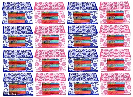 CLASSECRAFTS Combo Saree Cover Designer Flower Design 16 Pieces Non Woven Fabric Saree Cover Set with Transparent Window (Blue, Pink)-thumb0