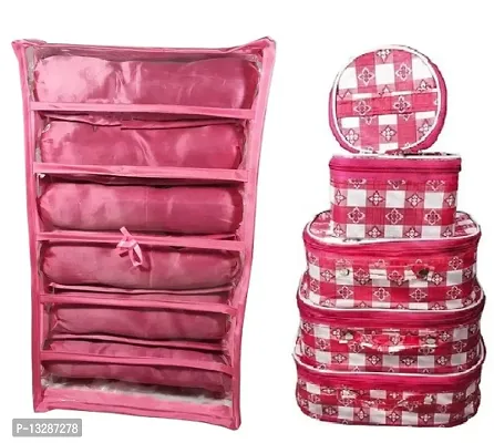 CLASSECRAFTS Combo Of 2 Pieces Set of 5 Check Print kit Storage 6 Rods Satin vanity box Vanity Box, makeup storage,jewellery box, vanity box,makeup box Vanity Box  (Red, Pink)