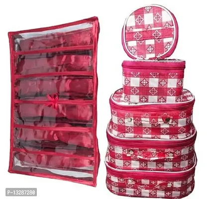 CLASSECRAFTS Combo Of 2 Pieces Set of 5 Check Print kit Storage 6 Rods Satin vanity box Vanity Box, makeup storage,jewellery box, vanity box,makeup box Vanity Box  (Red, Maroon)