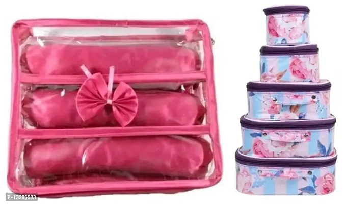 CLASSECRAFTS Combo Of 2 Pieces Set of 5 Flower Print kit Storage 3 Rods Satin vanity box Vanity Box, makeup storage,jewellery box, vanity box,makeup box Vanity Box  (Purple, Pink)
