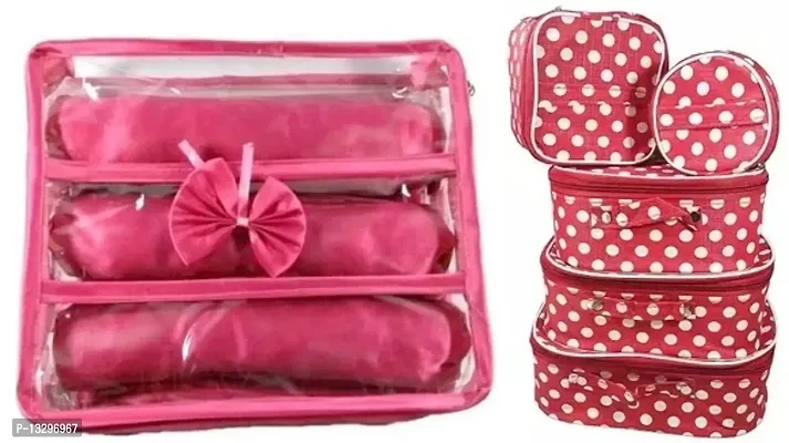 CLASSECRAFTS Combo Of 2 Pieces Set of 5 Non Woven Dot Print kit Storage 3 Rods Satin vanity box Vanity Box, makeup storage,jewellery box, vanity box,makeup box Vanity Box  (Red, Pink)-thumb0