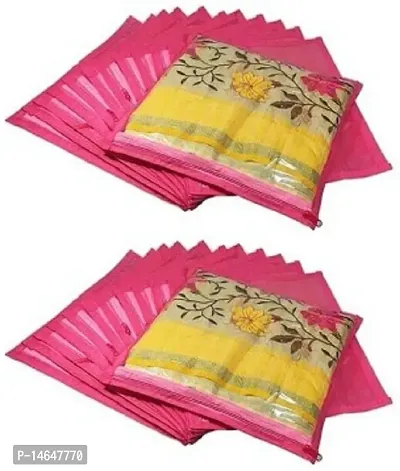 CLASSECRAFTSnbsp;High Quality Travelling Bag Pack of 24Pcs Non-woven single Saree Cover Bags Storage Cloth Clear Plastic Zip Organizer Bag vanity pouch Garments Covernbsp;nbsp;(Pink)
