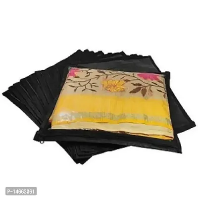 CLASSECRAFTS High Quality Travelling Bag Pack of 12Pcs Non-woven single Saree Cover Bags Storage Cloth Clear Plastic Zip Organizer Bag vanity pouch Garments Cover(Black)-thumb0