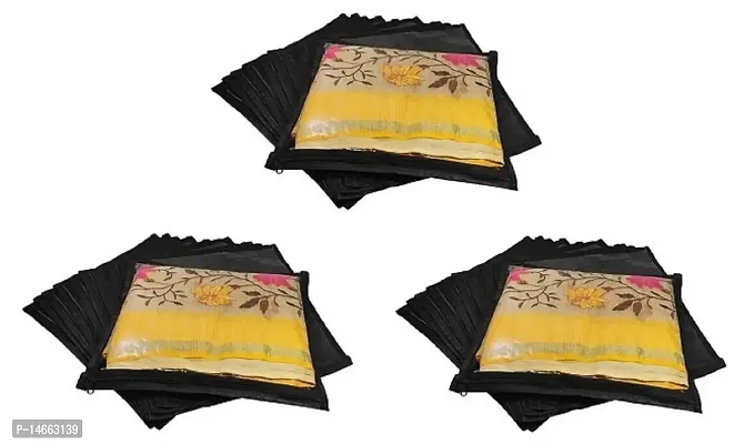 CLASSECRAFTS High Quality Travelling Bag Pack of 36Pcs Non-woven single Saree Cover Bags Storage Cloth Clear Plastic Zip Organizer Bag vanity pouch Garments Cover(Black)-thumb0