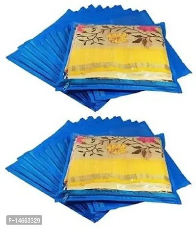 CLASSECRAFTS High Quality Travelling Bag Pack of 24Pcs Non-woven single Saree Cover Bags Storage Cloth Clear Plastic Zip Organizer Bag vanity pouch Garments Cover(Blue)-thumb0