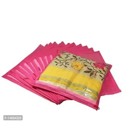 CLASSECRAFTS High Quality Travelling Bag Pack of 12Pcs Non-woven single Saree Cover Bags Storage Cloth Clear Plastic Zip Organizer Bag vanity pouch Garments Cover(Pink)-thumb0