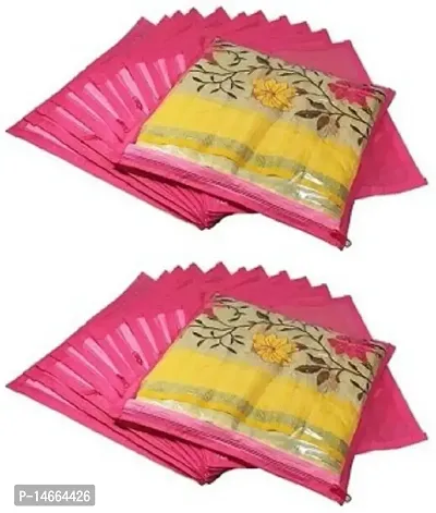 CLASSECRAFTS High Quality Travelling Bag Pack of 24Pcs Non-woven single Saree Cover Bags Storage Cloth Clear Plastic Zip Organizer Bag vanity pouch Garments Cover(Pink)-thumb0