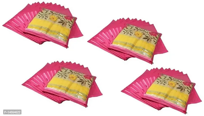 CLASSECRAFTS High Quality Travelling Bag Pack of 48Pcs Non-woven single Saree Cover Bags Storage Cloth Clear Plastic Zip Organizer Bag vanity pouch Garments Cover(Pink)-thumb0