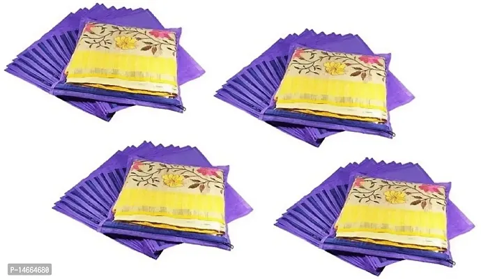 CLASSECRAFTS High Quality Travelling Bag Pack of 48Pcs Non-woven single Saree Cover Bags Storage Cloth Clear Plastic Zip Organizer Bag vanity pouch Garments Cover(Purple)-thumb0