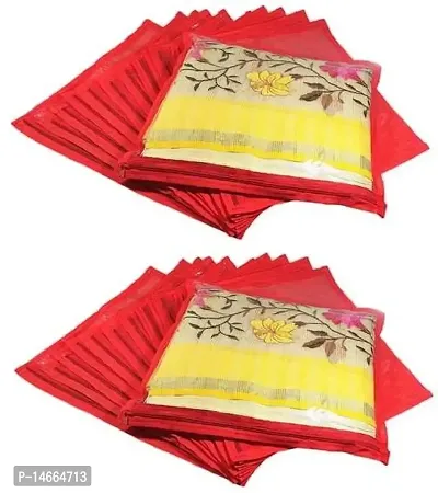 CLASSECRAFTS High Quality Travelling Bag Pack of 24Pcs Non-woven single Saree Cover Bags Storage Cloth Clear Plastic Zip Organizer Bag vanity pouch Garments Cover(Red)