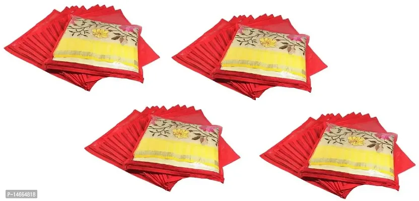 CLASSECRAFTS High Quality Travelling Bag Pack of 48Pcs Non-woven single Saree Cover Bags Storage Cloth Clear Plastic Zip Organizer Bag vanity pouch Garments Cover(Red)-thumb0