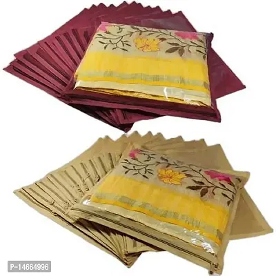 CLASSECRAFTS Combo High Quality Travelling Bag Pack of 24Pcs Non-woven single Saree Cover Bags Storage Cloth Clear Plastic Zip Organizer Bag vanity pouch Garments Cover(Maroon, Gold)-thumb0
