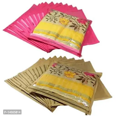 CLASSECRAFTS Combo High Quality Travelling Bag Pack of 24Pcs Non-woven single Saree Cover Bags Storage Cloth Clear Plastic Zip Organizer Bag vanity pouch Garments Cover(Pink, Gold)-thumb0