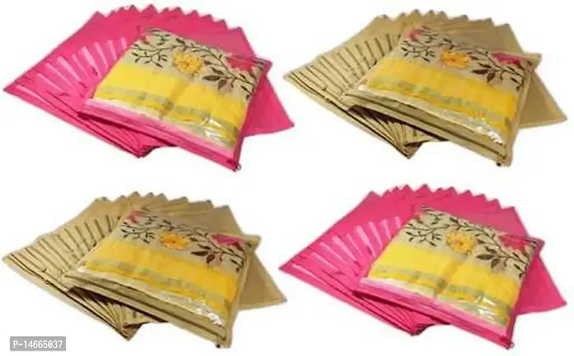 CLASSECRAFTS Combo High Quality Travelling Bag Pack of 48Pcs Non-woven single Saree Cover Bags Storage Cloth Clear Plastic Zip Organizer Bag vanity pouch Garments Cover(Pink, Gold)