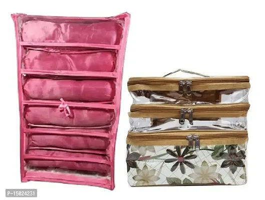 CLASSECRAFTS Combo Pack of 2 Pcs 6Rod Satin Bangle Box and Transparent PVC Make Up Kit Cum Jewellery Kit, Makeup Bag Toiletries Bag Cosmetic Kit Pouch Utility Bag vanity box(Pink, White)