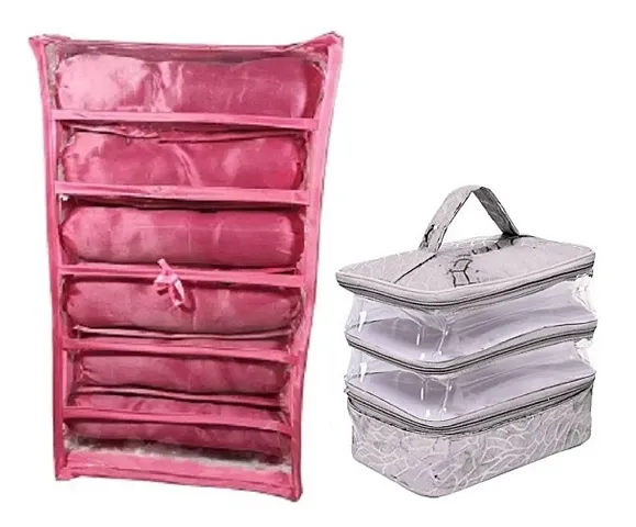 Combo Pack of 2 Pcs 6Rod Satin Bangle Box and PVC Make Up Kit Cum Jewellery Kit, Makeup Bag Toiletries Bag Cosmetic Kit Pouch Utility Bag vanity box(Pink, Silver)