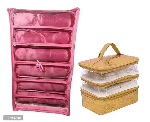 CLASSECRAFTS Combo Pack of 2 Pcs 6Rod Satin Bangle Box and Transparent PVC Make Up Kit Cum Jewellery Kit, Makeup Bag Toiletries Bag Cosmetic Kit Pouch Utility Bag vanity box(Pink, Gold)