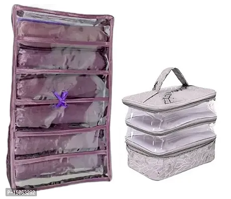 CLASSECRAFTS Combo Pack of 2 Pcs 6Rod Satin Bangle Box and Transparent PVC Make Up Kit Cum Jewellery Kit, Makeup Bag Toiletries Bag Cosmetic Kit Pouch Utility Bag vanity box(Purple, Silver)