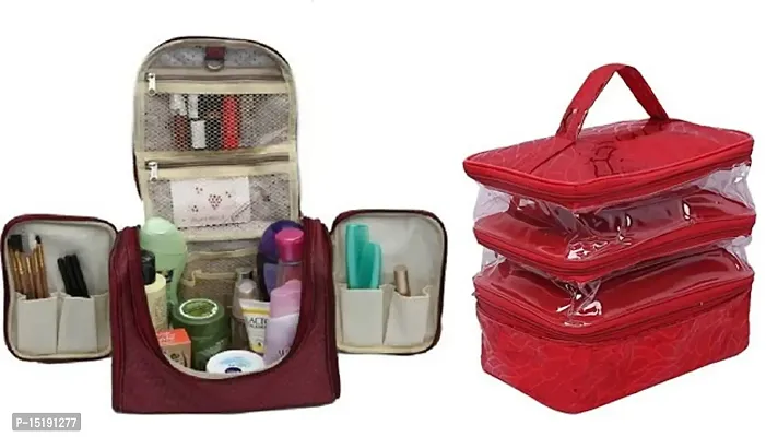 CLASSECRAFTS Combo Pack of 2 Pcs Makeup Kit and Transparent PVC Make Up Kit Cum Jewellery Kit, Makeup Bag Toiletries Bag Cosmetic Kit Pouch Utility Bag vanity box(Maroon, Red)