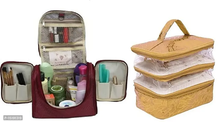 CLASSECRAFTS Combo Pack of 2 Pcs Makeup Kit and Transparent PVC Make Up Kit Cum Jewellery Kit, Makeup Bag Toiletries Bag Cosmetic Kit Pouch Utility Bag vanity box(Maroon, Gold)