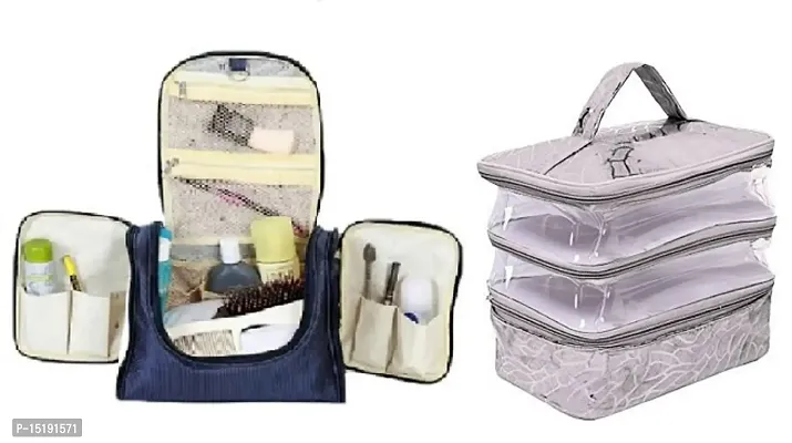 CLASSECRAFTS Combo Pack of 2 Pcs Makeup Kit and Transparent PVC Make Up Kit Cum Jewellery Kit, Makeup Bag Toiletries Bag Cosmetic Kit Pouch Utility Bag vanity box(Blue, Silver)