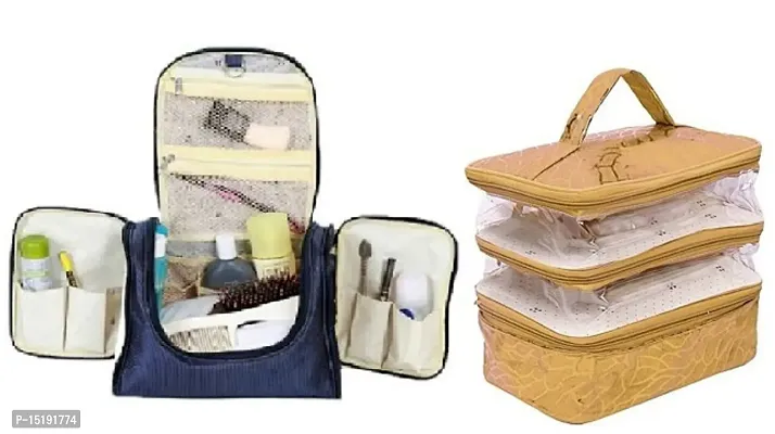 CLASSECRAFTS Combo Pack of 2 Pcs Makeup Kit and Transparent PVC Make Up Kit Cum Jewellery Kit, Makeup Bag Toiletries Bag Cosmetic Kit Pouch Utility Bag vanity box(Blue, Gold)