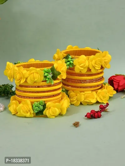 Beautiful Handicrafted Flower Design Yellow Resham Work Bridal Bangle Set