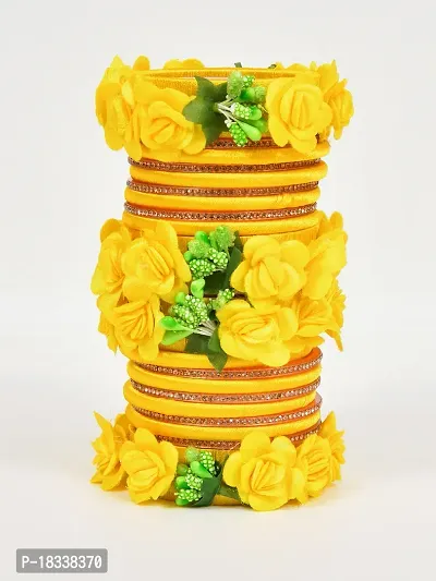 Beautiful Handicrafted Flower Design Yellow Resham Work Bridal Bangle Set-thumb5
