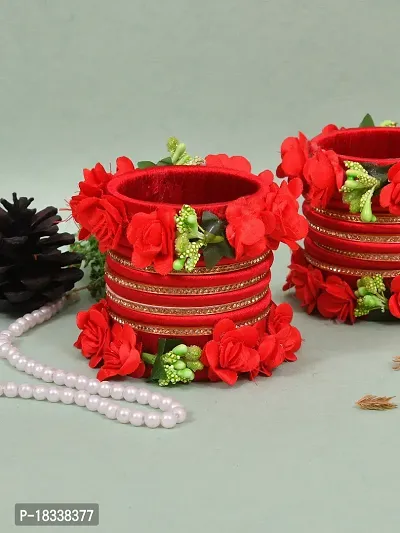 Beautiful Handicrafted Flower Design Red Resham Work Bridal Bangle Set