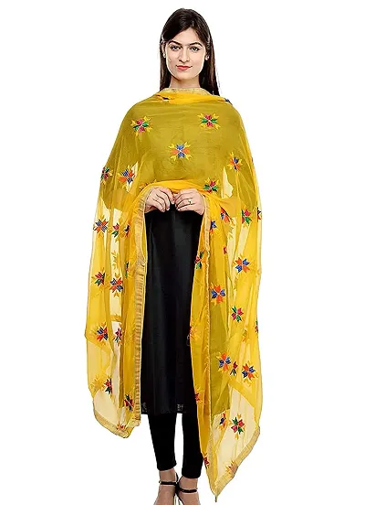 Radha Madhav Enterprise Women's Chiffon Embroidery Phulkari Dupatta,Yellow Color (Free Size)