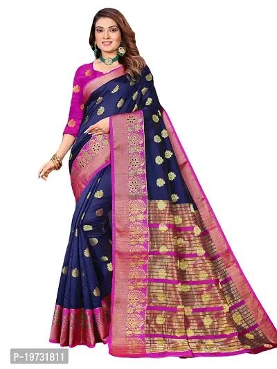ADWYN PETER Women's Jacquard Banarasi Silk Casual Wear Lightweight Saree With Unstitched Blouse (R_C_577 Navyblue)-thumb0