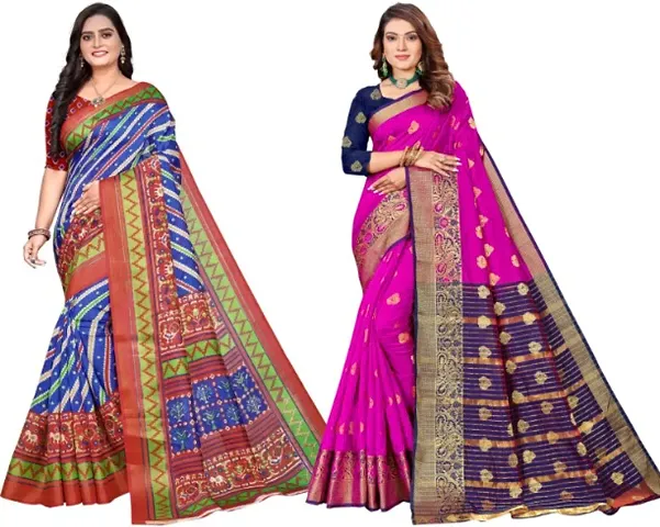 Classic Woven Cotton Saree With Blouse Piece, Pack Of 2