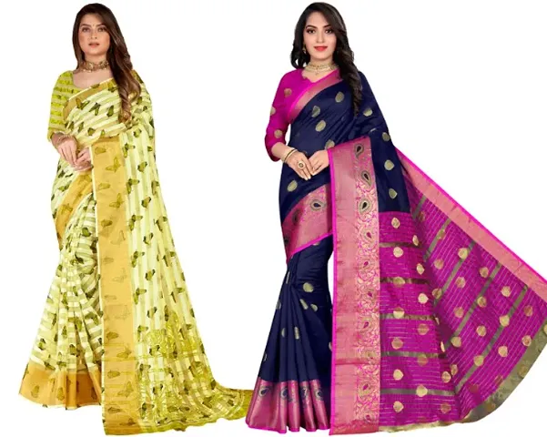 Classic Woven Saree Cotton Silk  With Blouse Piece, Pack Of 2