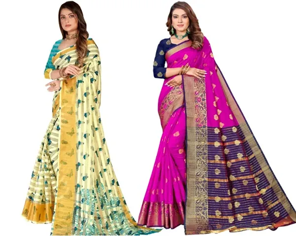 Classic Woven Cotton Silk Saree With Blouse Piece, Pack Of 2